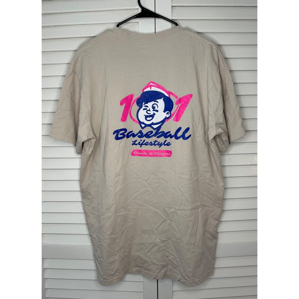 Baseball Lifestyle 101 Men's‎ Size XL Beige Donuts & Dingers T-Shirt 2 SIded